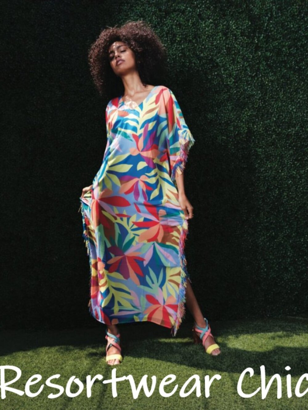 Chic Marie Oliver Multicolor V-Neck Resortwear Maxi Dress Caftan with Fringe